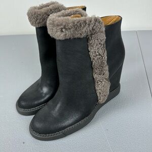 See By Chloe Leather Shearling Trimmed Wedge Ankle Bootie. Size 39.5.